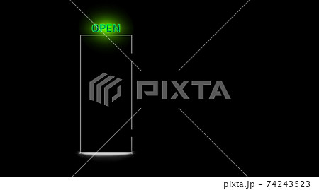 Black closed door and neon open green lamp, dark background. Realistic light silhouette slit doorway Black closed door and neon open green lamp, dark background. Realistic light silhouette slit doorway 74243523
