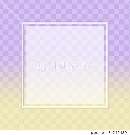 市松模様の入った紫から黄色のグラデーション背景に正方形のフレームのイラスト素材
