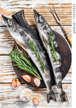 Raw whole icefish with herbs. White Wooden background. Top view Raw whole icefish with herbs. White Wooden background. Top view 74245823