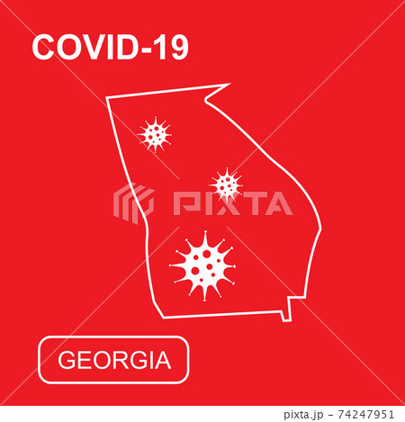 Map of Georgia State labeled COVID-19. White outline map on a red background. Map of Georgia State labeled COVID-19. White outline map on a red background. 74247951