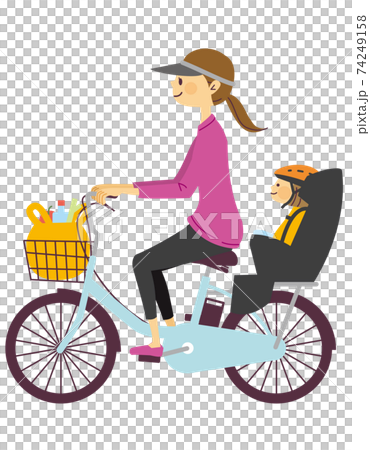 電動アシスト自転車に子どもを乗せてお買い物に行く女性のイラスト素材