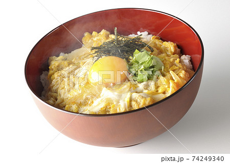 卵黄、みつば、刻み海苔の乗っている玉子丼を白背景で撮影 卵黄、みつば、刻み海苔の乗っている玉子丼を白背景で撮影 74249340