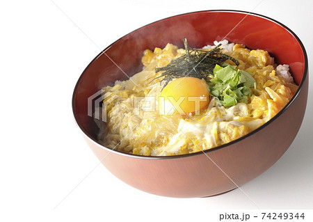 卵黄、みつば、刻み海苔の乗っている玉子丼を白背景で撮影 卵黄、みつば、刻み海苔の乗っている玉子丼を白背景で撮影 74249344