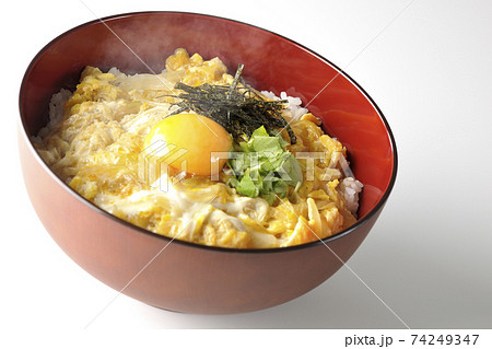 卵黄、みつば、刻み海苔の乗っている玉子丼を白背景で撮影 卵黄、みつば、刻み海苔の乗っている玉子丼を白背景で撮影 74249347