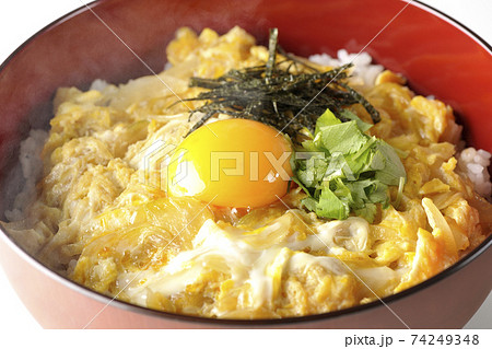 卵黄、みつば、刻み海苔の乗っている玉子丼を白背景で撮影 74249348