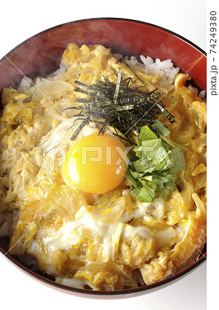 卵黄、みつば、刻み海苔の乗っている熱々玉子丼を白背景で撮影(俯瞰) 卵黄、みつば、刻み海苔の乗っている熱々玉子丼を白背景で撮影(俯瞰) 74249380