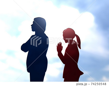 怒って後ろを向く男性にゴメンねと謝る女性のシルエット上半身 Cgイラスト横のイラスト素材