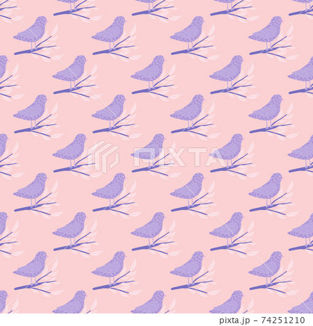 Pastel purple cute bird ornament seamless doodle pattern. Pink background. Animal flying print. 74251210