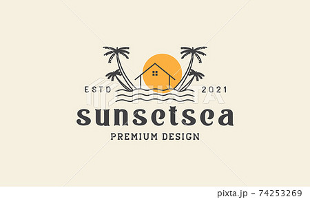beach hut with coconut tree sunset logo vector icon symbol design graphic illustration 74253269