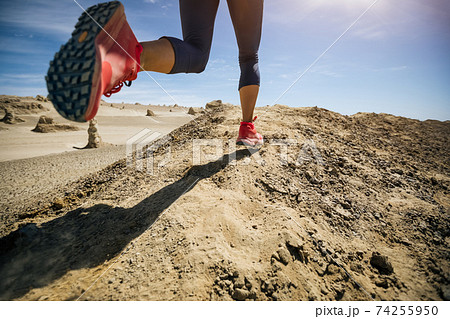 Fitness woman trail runner cross country running on sand desert Fitness woman trail runner cross country running on sand desert 74255950