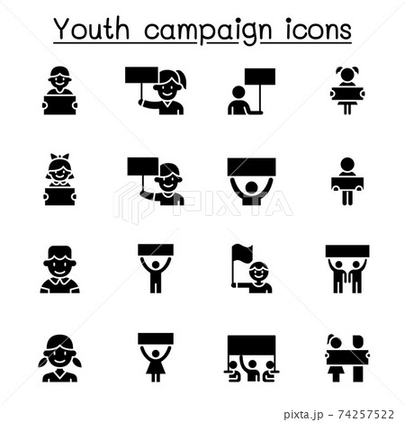 Youth campaign related vector icons. contains such Icons as banner, placard, advertising, teen, protest, demand, boy, girl, poster, youth day and more. 74257522