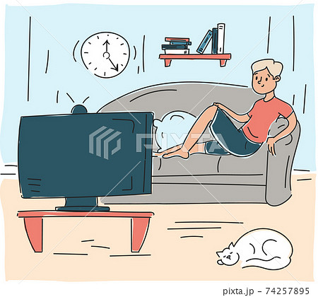 Man Watching Tv Show At Home Person Sittingのイラスト素材