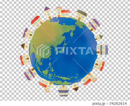 日本が中心の地球と家のイラストのイラスト素材