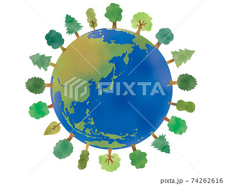 日本が中心の地球と木のイラストのイラスト素材