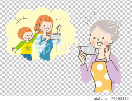 Senior women, daughters and grandchildren talking on smartphones 74263583