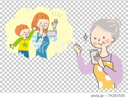 Senior woman talking to her daughter and grandson on her smartphone 74263585