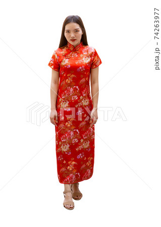 Chinese women dress with Cheongsam or Qipao traditional outfit for festive seasons Chinese New Year isolated on white background with clipping path. 74263977