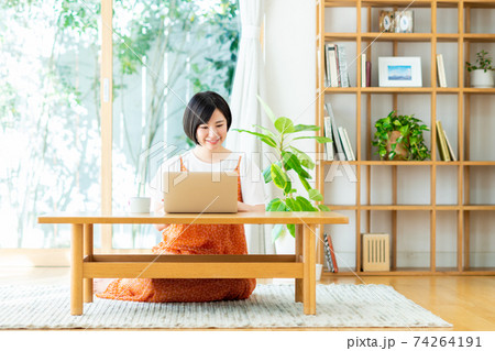 リビングでパソコンを使う若い女性 74264191