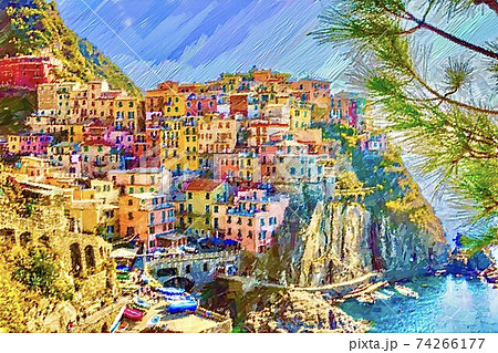 イタリアの海岸沿いの住宅街のイラスト素材 [74266177] - PIXTA