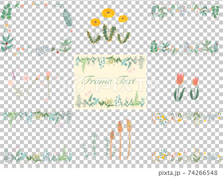オシャレなお花と葉っぱのかわいい植物フレームイラストセットベクター素材 74266548