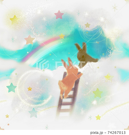 虹がかかる夢かわいい雲の上に梯子で登るうさぎと手を貸すうさぎさんの愛らしいイラストのイラスト素材