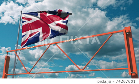Swing arm road barrier and flag of Great Britain, entry ban related 3d rendering 74267601