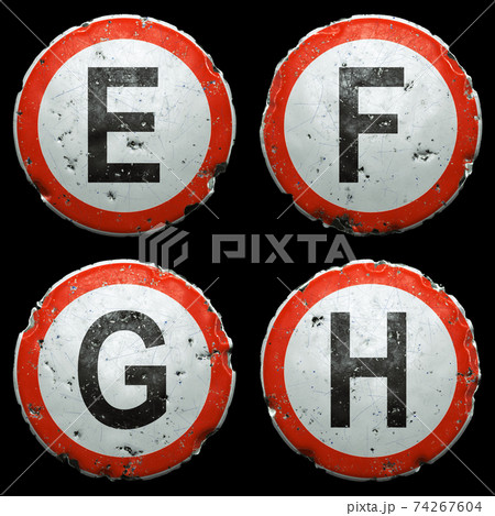 Set of public road signs in red and white with a capitol letters E, F, G, H in the center isolated on black background. 3d 74267604