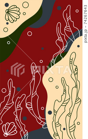 Modern abstract poster with algae, bottom, bubbles. Smooth shapes and lines. Design for wall decoration, packaging, postcards, advertising. Vector 74267643