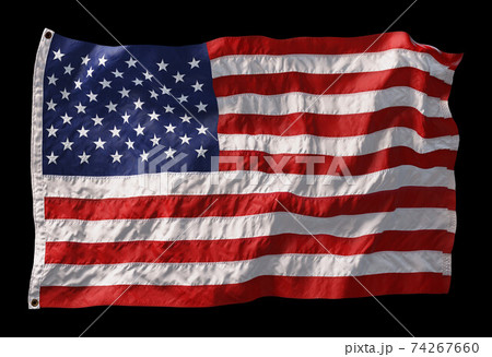 American flag waving in the wind isolated on black background. 3D 74267660