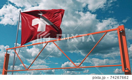 Swing arm road barrier and flag of Switzerland, entry ban related 3d rendering Swing arm road barrier and flag of Switzerland, entry ban related 3d rendering 74267662