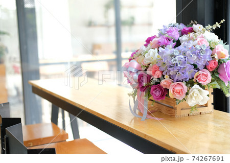 fake plant flower in wooden box decorating in living room home interior fake plant flower in wooden box decorating in living room home interior 74267691