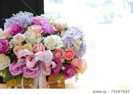 fake plant flower in wooden box decorating in living room home interior fake plant flower in wooden box decorating in living room home interior 74267695