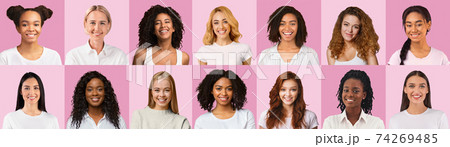Portraits of multiethnic women over pink, collage 74269485