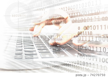 Composite image of digital security and cryptology system - closed padlock on the background of working programmer and network binary hologram 74270750