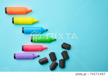 Set of opened colorful permanent markers 74271487