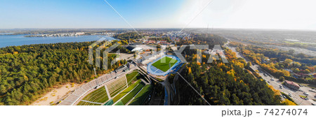 Aerial panoramic view to Lahti city and sports centre at autumn morning, Finland 74274074