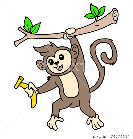 monkey head emoticon holding a banana hanging... - Stock Illustration  [74274514] - PIXTA