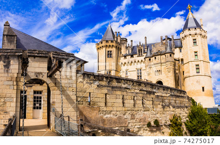 Beautiful castles of Loire valley - impressive medieval Saumur. France 74275017