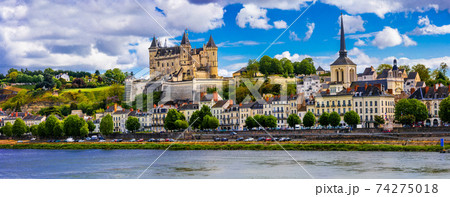 Landmarks of France-panorama of Samumur town with royal castle. Loire valley 74275018