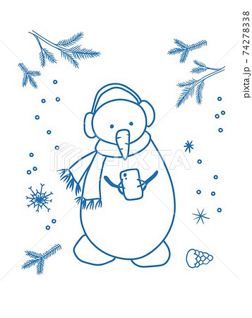 Snowman in headphones and in a scarf scrolling in a smartphone 74278338