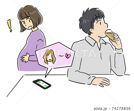 携帯の画面で夫の浮気に気づく妊娠中の妻のイラスト素材