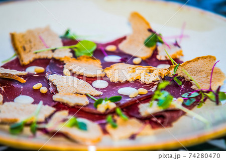 Slices of smoked ham with toast Slices of smoked ham with toast 74280470