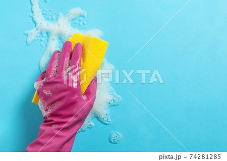 Female hand in glove hold sponge on blue background with foam Female hand in glove hold sponge on blue background with foam 74281285