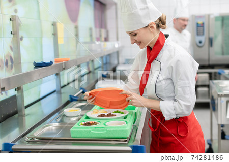 Chef in commercial kitchen preparing meal for delivery 74281486