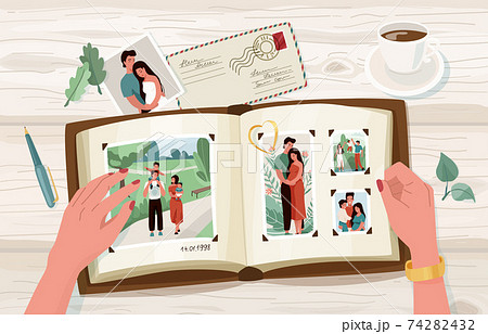 Photo album with family photographs, vector illustration in simple cartoon flat style. Female hands holding open memorable book. Top view Photo album with family photographs, vector illustration in simple cartoon flat style. Female hands holding open memorable book. Top view 74282432