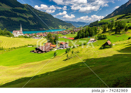 An old medieval village in the Swiss Alps. 74282969