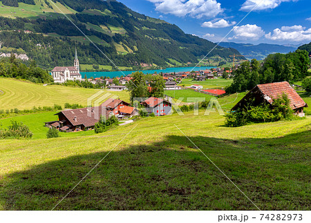 An old medieval village in the Swiss Alps. 74282973