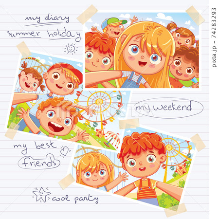 Children diary with pasted photos, handwritten notes and kids drawings Children diary with pasted photos, handwritten notes and kids drawings 74283293