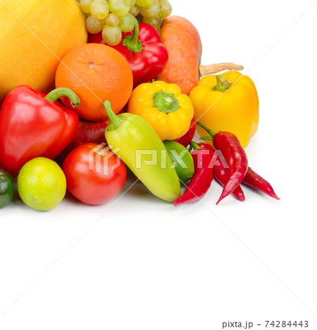 fruits and vegetables isolated on white background. Free space for text. 74284443