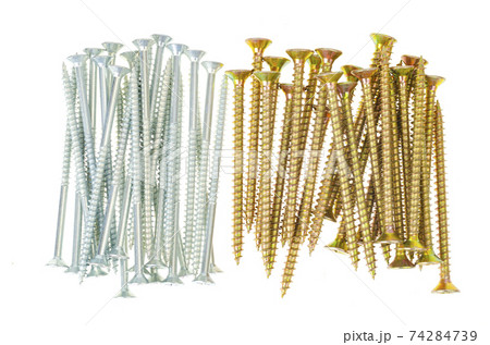 New metal screws for wood isolated on white background. Construction and renovation concept. Studio Photo 74284739
